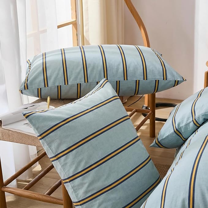Merryword Green & Orange Striped Duvet Cover Set Queen Size, 100% Cotton Bedding Set with Zipper Closure & 8 Corner Ties, Luxury Linen Like Bedding, Soft Breathable Comforter Cover for All Seasons