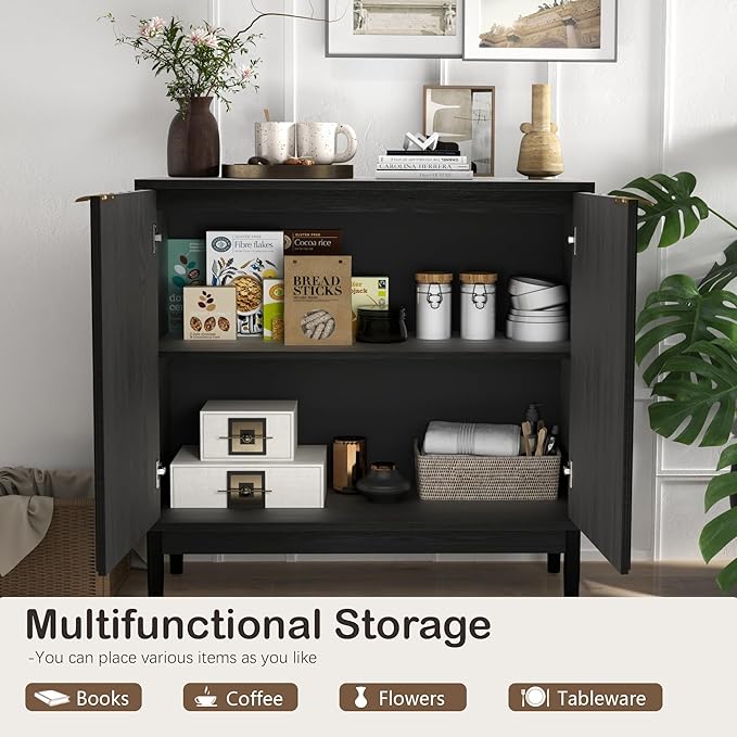 Fluted Cabinet with Storage, Buffet Cabinet Sideboard with Door, Kitchen Buffet Storage Accent Cabinets with Adjustable Shelves for Living Room, Entry, Hallway, Black