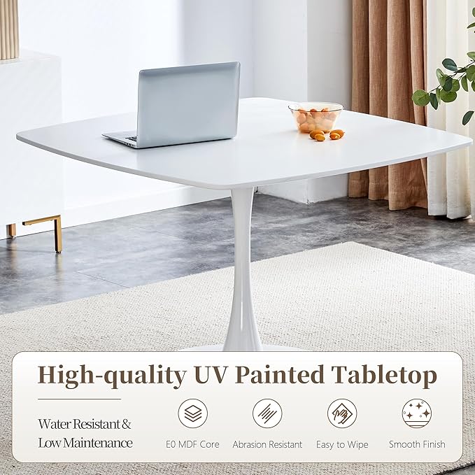 Square Dining Table,42.1" Tulip Table with Metal Pedestal,15-Minute Quick Assembly,Mid Century Modern Leisure Table for Kitchen Small Places Cafe (White)