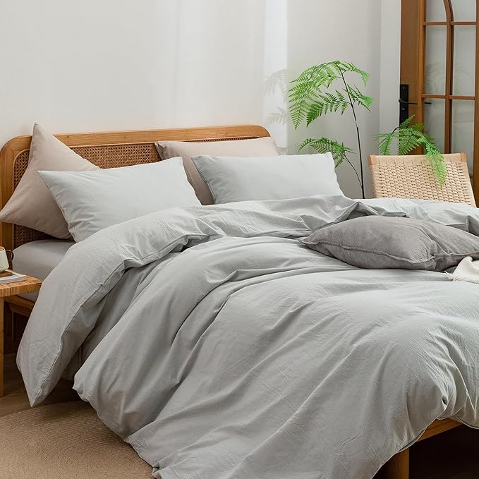 BESTOUCH Duvet Cover Set 100% Washed Cotton Linen Feel Super Soft Comfortable Chic Lightweight 3 PCs Home Bedding Set Solid Northern Droplet Grey Alaska King