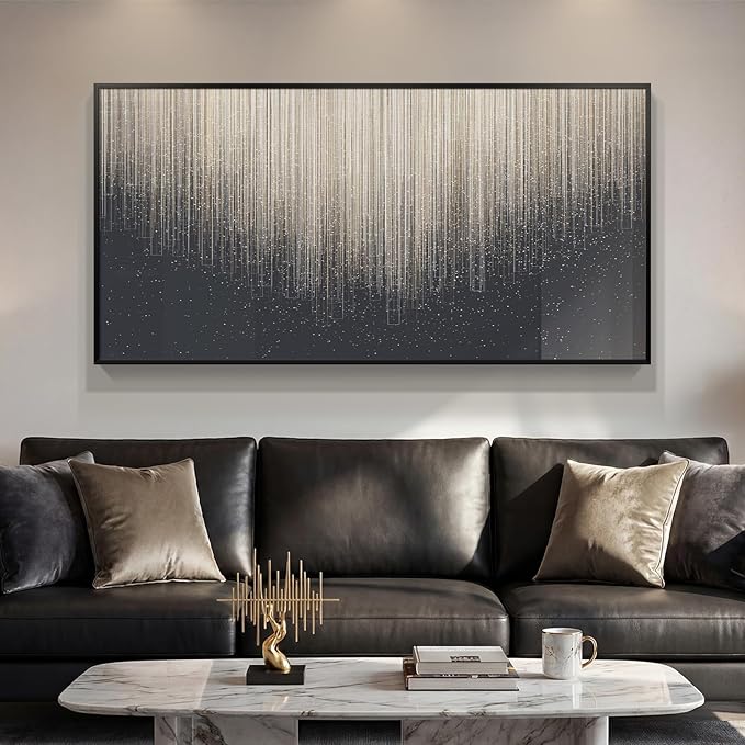 Extra Large Framed Horizontal Modern Wall Art for Living Room, Abstract Minimalist Black Silver Line Prints Paintings, Contemporary Picture Artwork Decor for Bedroom Office Hallway, 56x28 Inch