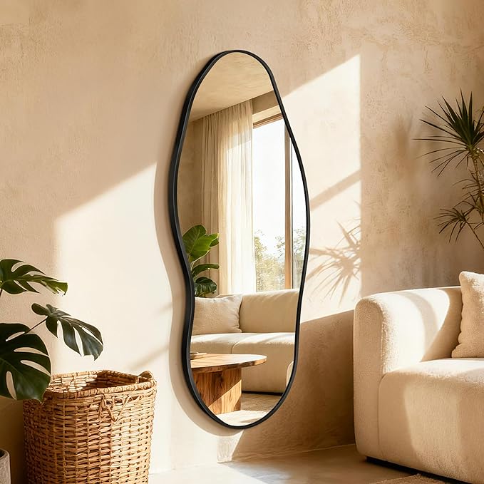 Mirror Full Length - Irregular Full Body Wall Mirror Hanging 55"x 23" Asymmetrical Aviation Aluminum Alloy Frame Unique for Bedroom, Living Room, Cloakroom, Entryway