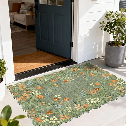 Floral Outdoor Rug - 28" x 43" Front Door Mat Indoor Outside Entrance Non-Slip Washable Outdoor Mat Sage Green Boho Flower Rug for Entryway Kitchen Bedroom Layered Doormat for Front Porch