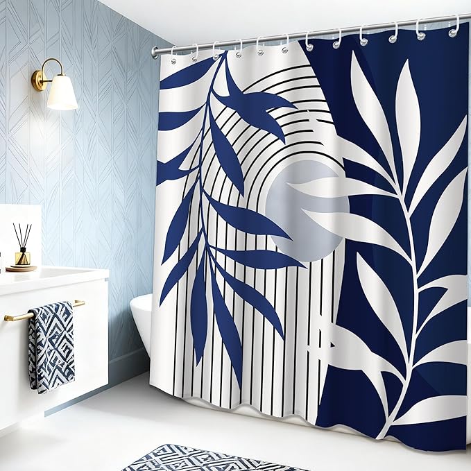 Navy Blue Shower Curtain Boho Mid Century Modern Blue and White Shower Curtain for Bathroom Decor Sets, Waterproof Fabric with Hooks, 70" W x 72" L