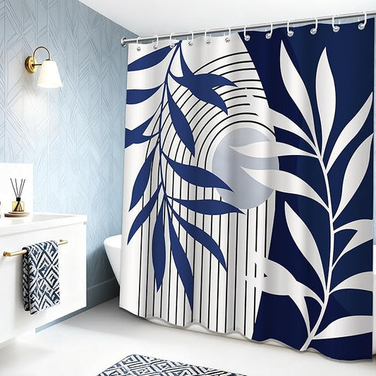 Navy Blue Shower Curtain Boho Mid Century Modern Blue and White Shower Curtain for Bathroom Decor Sets, Waterproof Fabric with Hooks, 70" W x 72" L