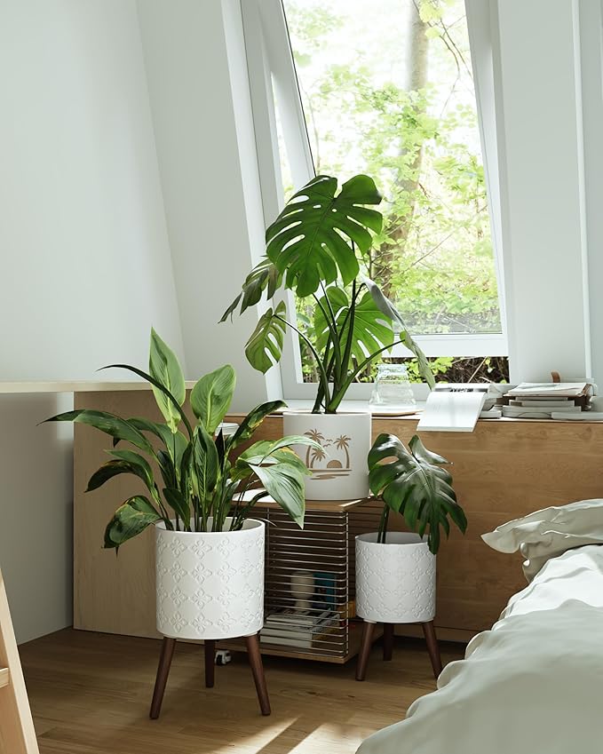 Planter with Stand,Set of 2 – Large Indoor Plant Pots & Drainage, Matte White