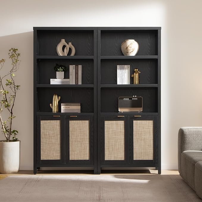 SICOTAS Bookcase 71" Tall Bookshelf 5 Tier Rattan Boho Bookcase with Doors Storage Large Book Case Shelf Farmhouse Bookshelves Library Book Shelves for Living Room Bedroom Home Office Kitchen