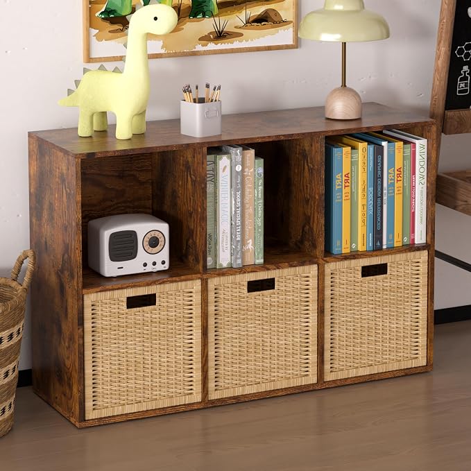 Wooden 6 Cube Storage Organizer with Closed Back Panel,Retro Brown Cube Shelf Cubby Storage Organizers with Compartments for Living,Bookshelf,Organizers Easy to Install (Retro Brown, 6 Cube)