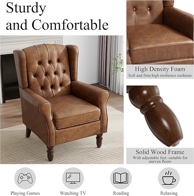 Mid-Century Modern 2-Piece Wingback Chair Set - Luxe Faux Leather Accent Chairs with Wooden Legs, Easy-Clean Lounge Seating for Living Room, Home Theater & Dining Room - PU Leather Matched Pair Brown