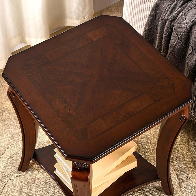 2-Set Solid Wood Side Table with Storage Shelf, 2-Tier Square End Tables Living Room, Traditional Style End Table, Vintage Beside Table with Curved Legs and Printed Tabletop, Cherry Walnut 1168WD