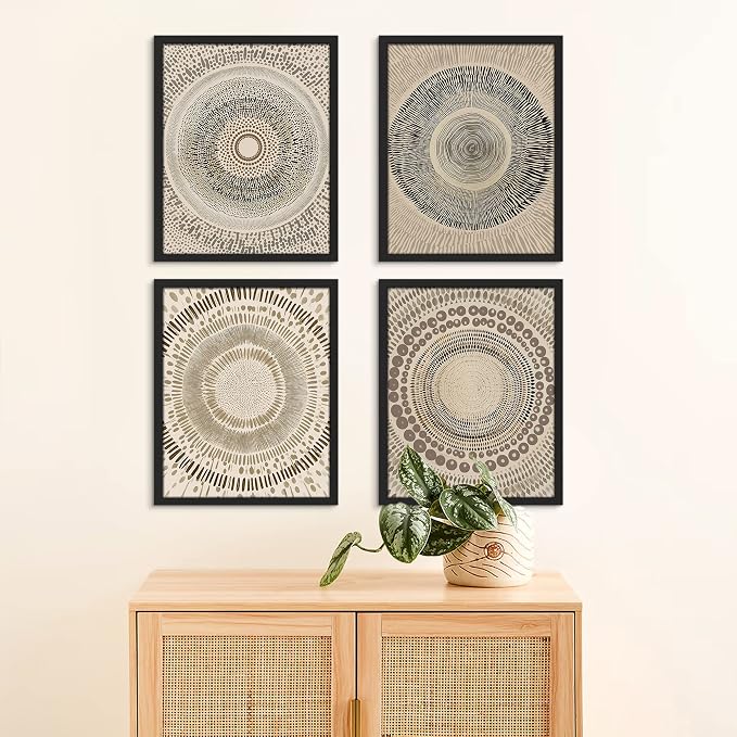 SIGNWIN Framed Art Beige Abstract Geometric Circle Stroke Minimalist Folk Boho Mid-Century Inspired Digital Print Decorative Zen Bedroom Relax Multicolor - 12"x16"x4 Black