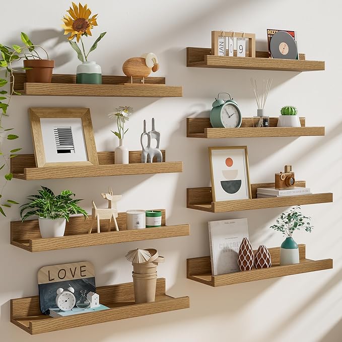 Heimlove 16 Inch Picture Ledge Shelf with Lip Set of 8,Oak Floating Shelves for Wall,Wall Shelves in Varying Depths for Living Room Bedroom Bookshelf Photo Frames Nursery Book Shelves for Storage