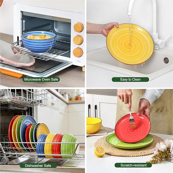 Selamica Ceramic Plates and Bowls Sets,24 Pieces Dinnerware Sets for 6,Scratch Resistant Dish Set for holiday gathering,Dishwasher & Microwave Safe, Dopamine