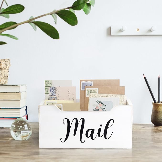Elegant Designs HG2010-WMB Rustic Farmhouse Wooden Tabletop Black Script Word Mail Organizer Box, Letter Holder Office Accessories Decor, White Wash