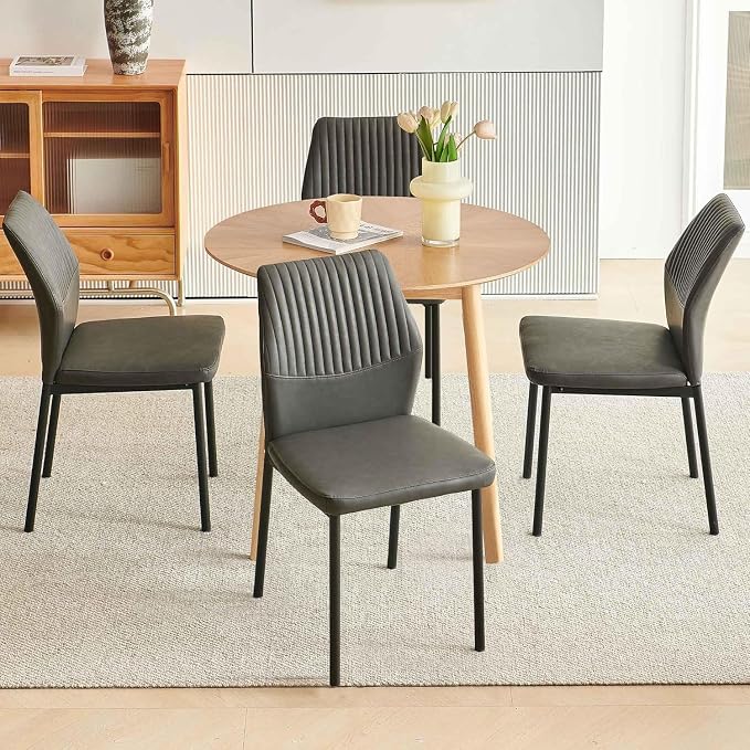 Small Dining Table Set for 4, Modern Round Dining Table with 4 PU Leather Dining Chairs in Metal Legs, Breakfast Nook for Compact Spaces, Dark Grey
