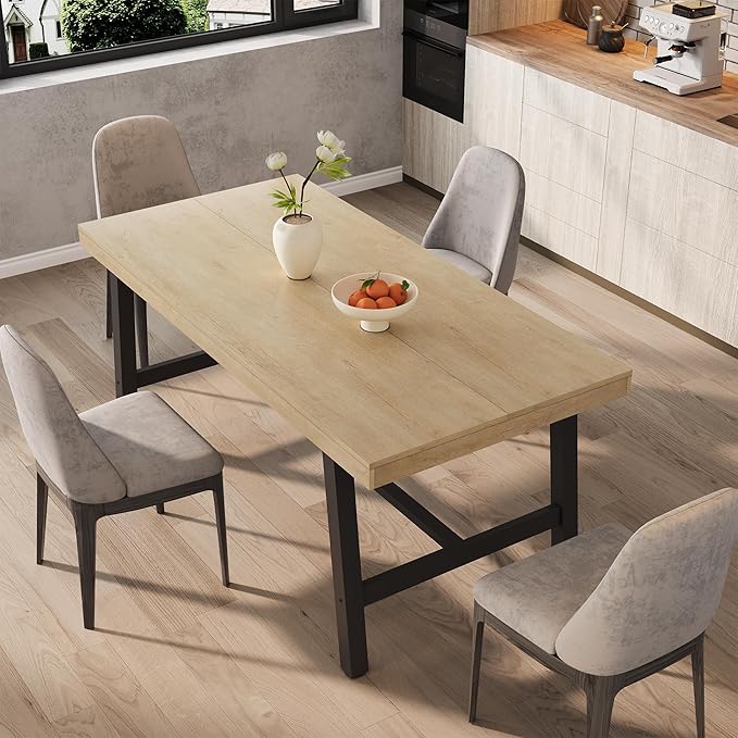 GarveeHome Industrial Dining Table for 4-6 People, 63" Long Wooden Kitchen Table with Sturdy Metal Frame & Natural Wood Finish - Seats 4 Rectangular Counter for Dinner, Kitchen, Dining Room - Natural