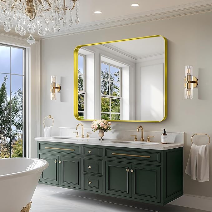 CIRCUMI Gold Bathroom Mirror, 40"x48" Rectangular Mirror with Deep Metal Frame, Rounded Corner, Tempered Glass, Large Mirror for Wall, Over 2 Sinks, Installed Vertically/Horizontally, Crystal-Clear