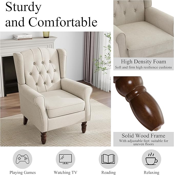 Mid-Century Modern Wingback Accent Chair - Plush Upholstered Lounge Chair with Solid Oak Legs, Ergonomic High Back Design for Living Room, Bedroom & Home Office - Retro Reading Armchair Grayish Beige