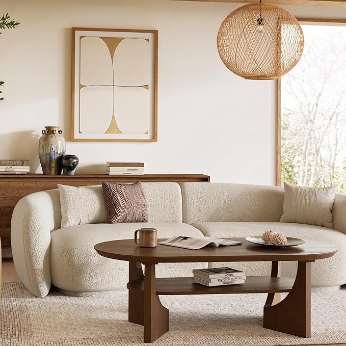 Mid Century Modern Coffee Table, 47" Oval Wood Coffee Tables for Living Room, 2 Tier Curved Round Center Table with Storage Shelf & Sturdy Base, Minimalist Retro Tea Tables, Walnut