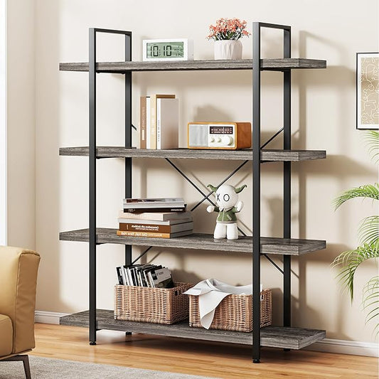 Heavy Duty 4-Tier Industrial Bookcase, 47" Wide Wood Bookshelf for Home Office, 120lbs Shelf Capacity, Rustic Shelving Display with Reinforced Horizontal Shelf for Living Room Bedroom,Grey