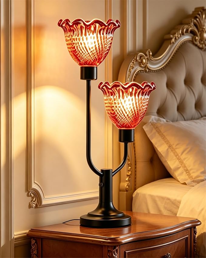 Lightdot Mid Century Modern Red Table Lamp Dimmable Flower Glass Desk Lamp Vintage Black Nightstand Lamp 2 Bulbs Included Warmwhite Ambient Bedside Lamps for Living Room Bedroom Home Office Decor Gift