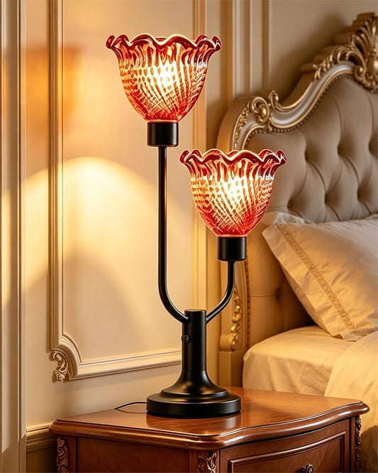 Lightdot Mid Century Modern Red Table Lamp Dimmable Flower Glass Desk Lamp Vintage Black Nightstand Lamp 2 Bulbs Included Warmwhite Ambient Bedside Lamps for Living Room Bedroom Home Office Decor Gift