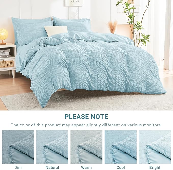 HYMOKEGE Lake Blue Twin XL Comforter Set Seersucker 5 Pieces, All Season Luxury Bed in a Bag for Bedroom, Bedding Set with Comforters, Sheets, Pillowcase & Sham