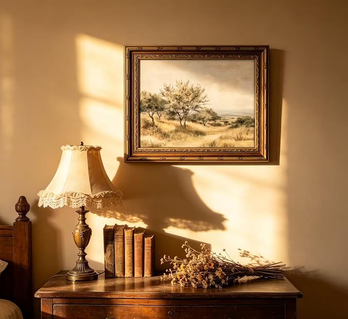 Vintage Gold Framed Olive Tree Landscape Wall Art - Retro Country Farmhouse Canvas Prints, Rustic Nature Scene Painting Prints Artwork for Living Room Bedroom Dining Room Decor，16x24in