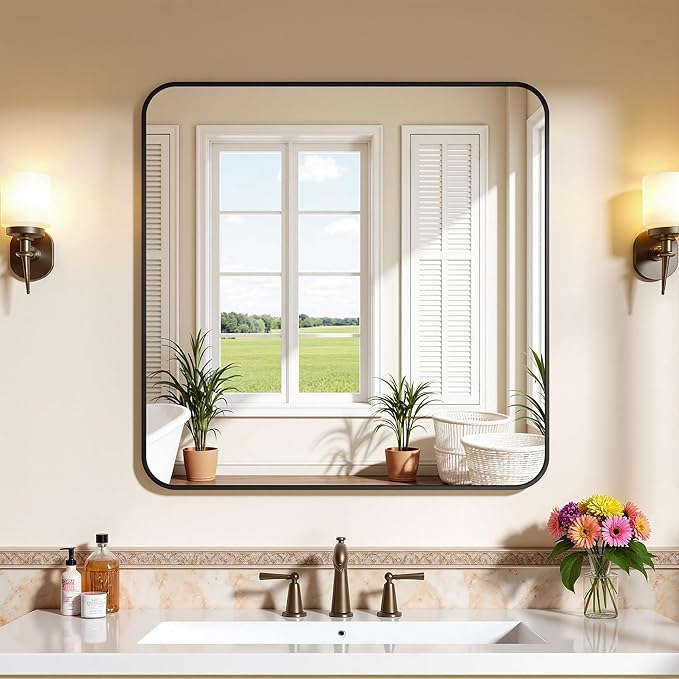 Bathroom Mirrors for Over Sink 36" x 36", Black Metal Frame Rounded Corner Rectangle Wall Mirror, Modern Farmhouse Vanity Mirror(Horizontal/Vertical)