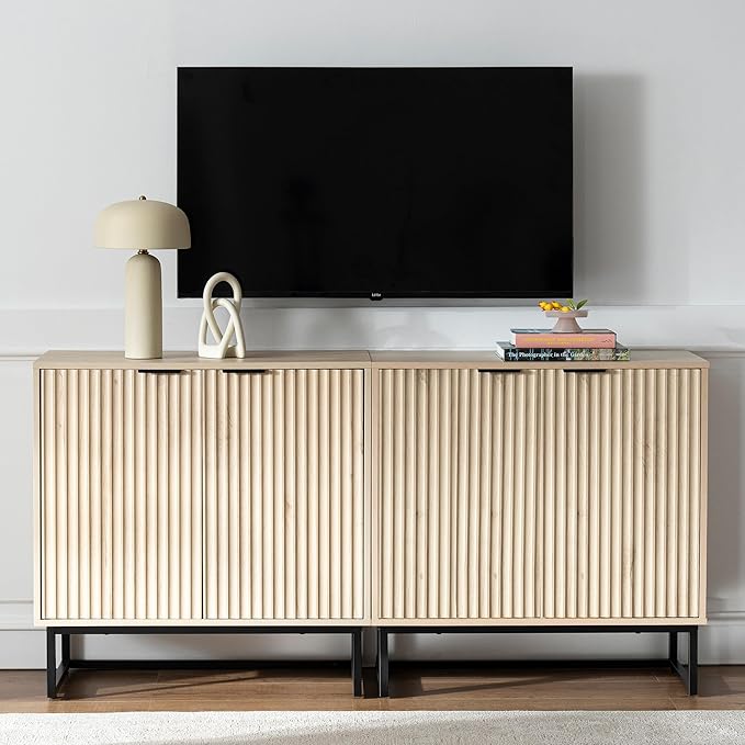 Fluted Storage Cabinet Set of 2, Sideboard Buffet Cabinet Modern Accent Cabinets with Adjustable Shelves, Credenza, Console Table Entryway Cabinets for Living Room, Light Oak