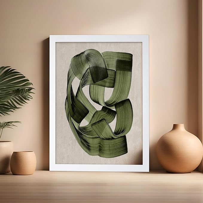 Poster Master Green Abstraction Poster - Brush Strokes Print - Painted Swirl Art - Chic Boho Design - Abstract Illustration - Great Office or Living Room Decor - 16x20 White Framed