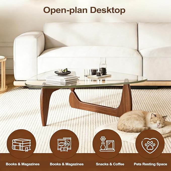 Glass Coffee Table, 44.9″D×32.3″W×15.8″H Triangle Center Tables with Tempered Glass Top & Eco-Friendly Wood Base, Mid Century Modern Coffee Table for Living Room, Apartment