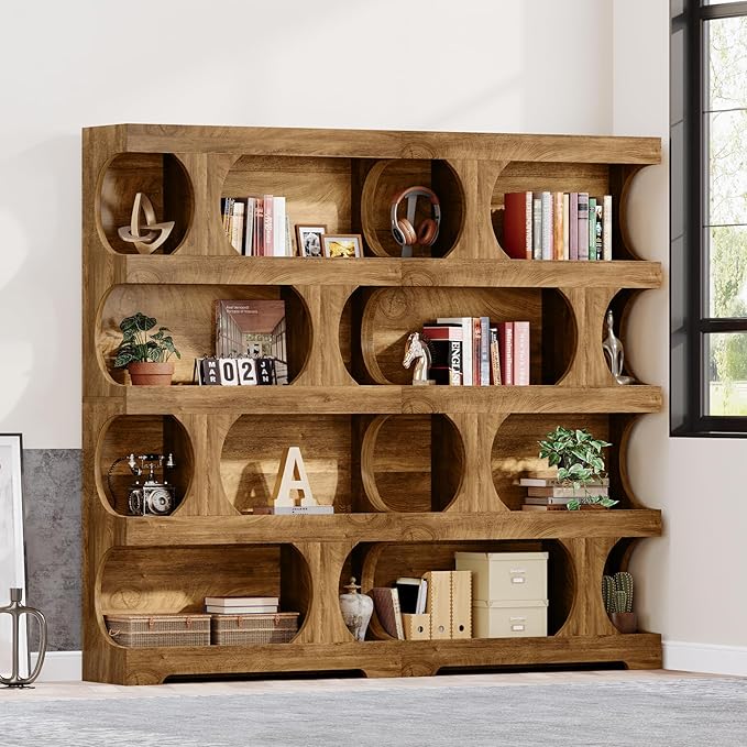 Tribesigns 71" Tall Bookcase Set of 2, 4-Tier S-Shaped Bookshelf, Wood Decorative Storage Shelving, Modern Freestanding Display Shelves, Large Library Bookshelf Unit for Home Office Living Room, Brown