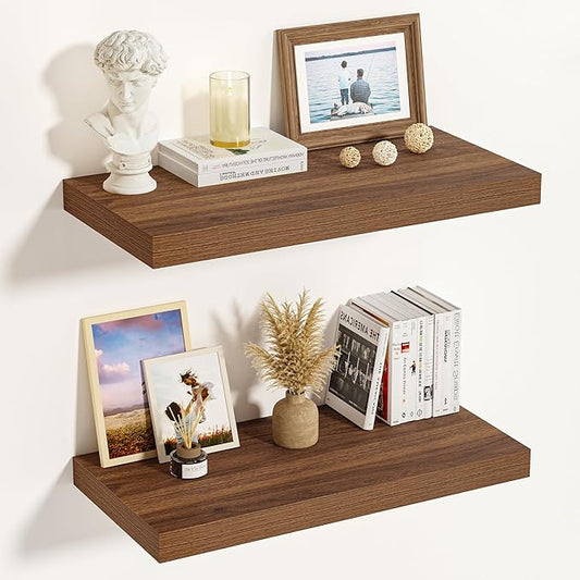 Vivelove Rustic Floating Shelves for Wall 12 Inch Deep, 23.6" X 12" X 1.5" Floating Shelf, 2 Inch Thick Shelf for Living Room Bathroom Bedroom Kitchen Office, Rustic Farmhouse Decor Set of 2, Walnut