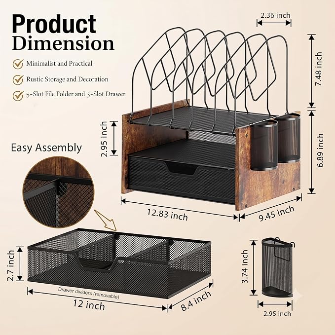Desk Organizer with Drawer, Desktop File Organizer and Paper Tray Organizer with Vertical File Holder, Office Desk Accessories for Mail, Documents, Papers, Notebooks and Home Office Storage