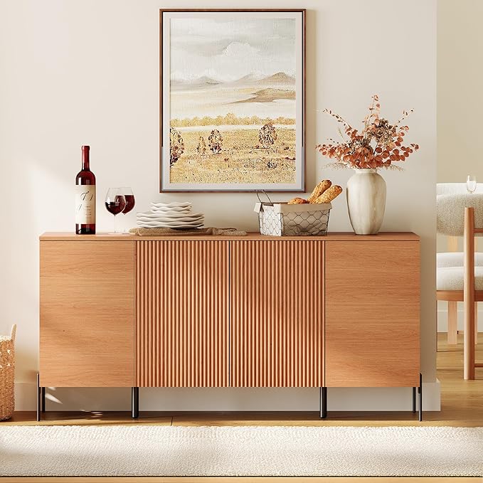WAMPAT 61.5" Large Fluted Buffet Cabinet with Storage, Modern Buffet Table Coffee Bar Wine Bar Storage Organizer with 4 Doors for Kitchen, Dining Room, Hallway, Mocha