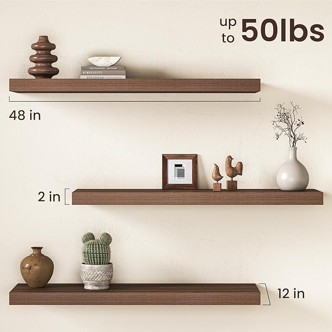 Walnut Floating Shelves 48Inch Long, 12 Inch Deep Floating Shelves for Wall, 48 x 12 Large Floating Shelf for Fireplace Mantel, 2" Thicked Rustic Wall Shelves for Living Room, Bedroom Storage, 2 Packs