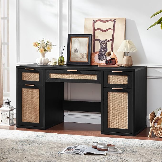 LEYAOYAO Office Desk 56" with 5 Drawers Storage File Cabinet Rattan Wood Desk for Computer Office Bedroom Home Furniture Black