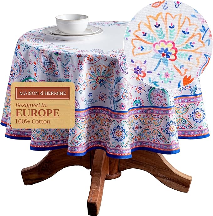 Maison d' Hermine Table Cloth Round Table 100% Cotton 69 Round Inches Tablecloth Reusable Decorative for Dining Room Farmhouse Home Valentines Day Decorations Spring Summer - Indian Floral