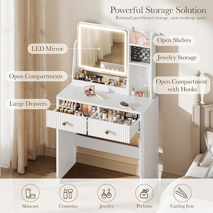 Fluted Vanity Desk with Mirror and Lights, Small Makeup Vanity with 2 Drawers and Jewelry Storage Cabinet, 3 Lighting Modes Adjustable Brightness, Dressing Table for Bedroom - White
