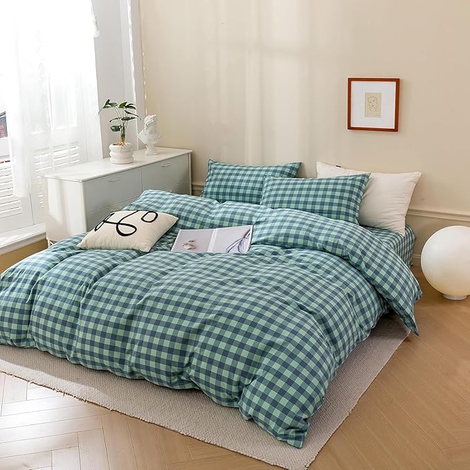mixinni Green Gingham Grid Duvet Cover Queen, 100% Washed Cotton Modern Geometric Bedding Set with 2 Pillowcases, Farmhouse Style Blue Plaid Comforter Cover Set for Men & Women, Soft & Lightweight