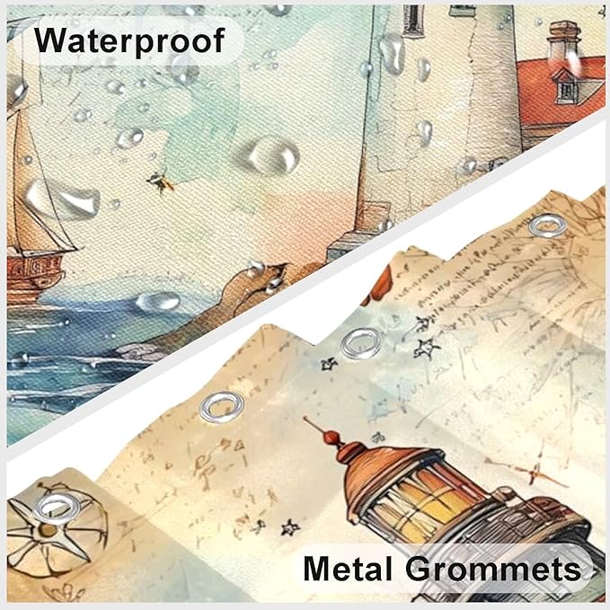 Nautical Shower Curtain Coastal Lighthouse Shower Curtains for Bathroom Waterproof Fabric Bath Curtain Decor with Hooks