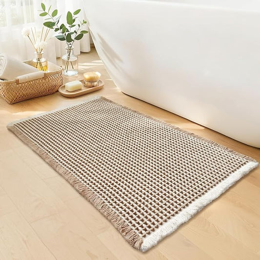 Waffle Bath Mat - Boho Bathroom Rugs Non Slip Washable, Super Absorbent & Quick Dry, Small Bath Mats Farmhouse Bathroom Decor, 18'' x 30'', Khaki and White