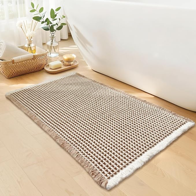 Waffle Bath Mat - Boho Bathroom Rugs Non Slip Washable, Super Absorbent & Quick Dry, Soft Bath Mat Farmhouse Bathroom Decor, 20'' x 32'', Khaki and White