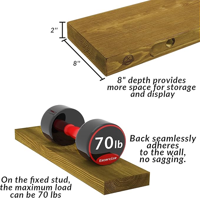 Rusitc Floating Shelves 60 inch Long 8 "deep Set of 2, Heavy Duty Wood Wall Mounted Shelves for Bathroom Living Room Kitchen,Book Shelves with Thickened Hidden Bracket-Gold Oak