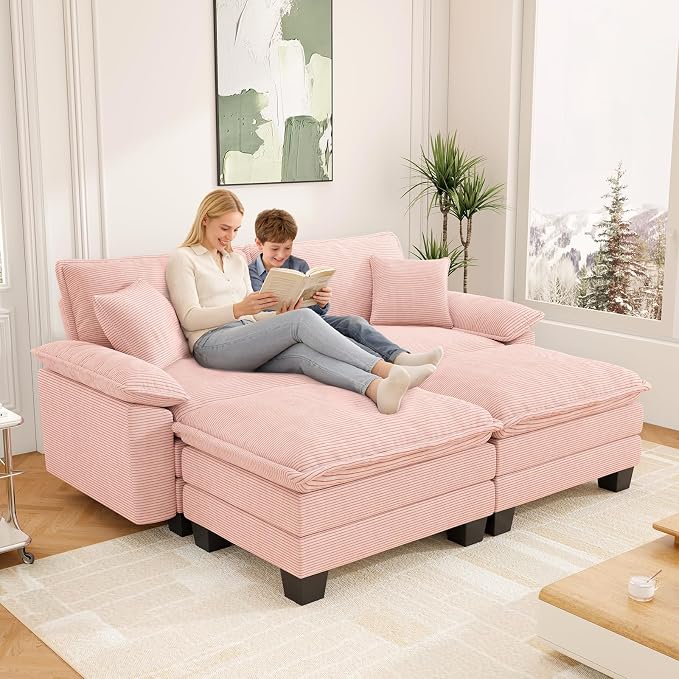 Modular Sectional Sofa Cloud Couch, Comfy Corduroy Loveseat with Ottoman Upholstered Deep Seat Sleeper Sofa Bed 2 Seater Couch Oversized Chaise Lounge Chair Indoor for Living Room Bedroom, Pink