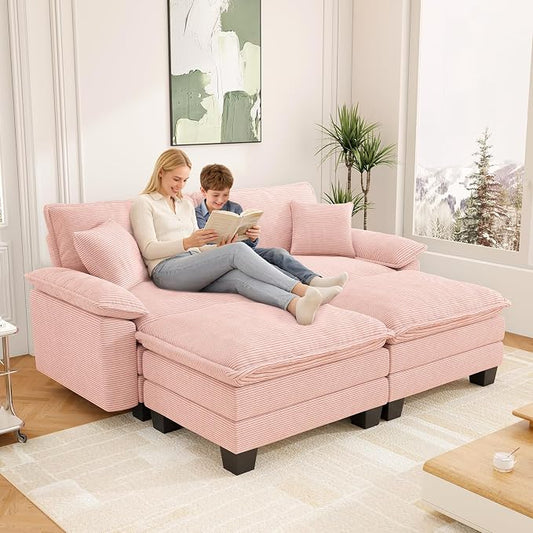 Modular Sectional Sofa Cloud Couch, Comfy Corduroy Loveseat with Ottoman Upholstered Deep Seat Sleeper Sofa Bed 2 Seater Couch Oversized Chaise Lounge Chair Indoor for Living Room Bedroom, Pink
