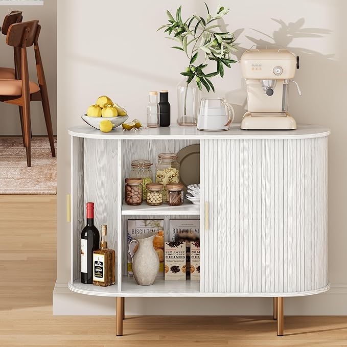 DHH Sideboard Buffet Cabinet with Storage,Mid Century Modern Fluted Accent Coffee Bar Console Table,Tambour Sliding Doors& Adjustable Shelf for Kitchen, Living Room, Entryway (White, 40 Inch)