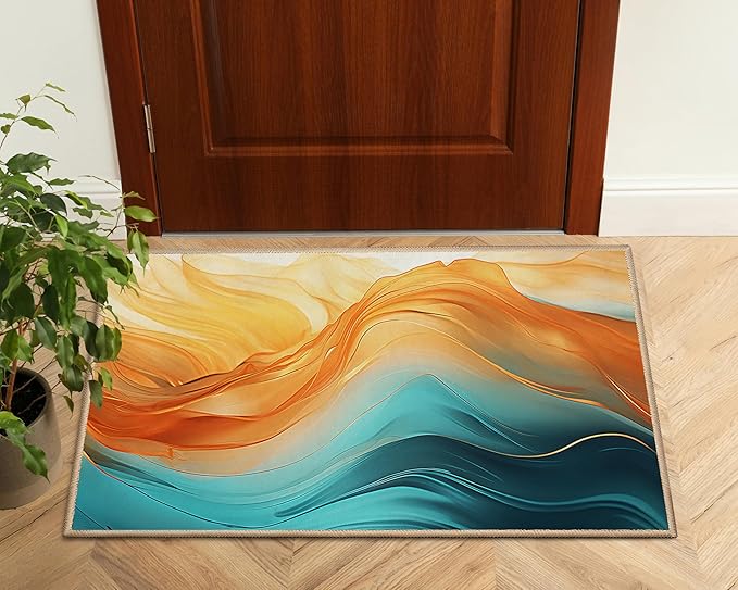 Orange Teal Entryway Rug Carpet 2x3 Non Slip Indoor Doormat Turquoise Marble Decorative Front Door Mat Indoor Entrance for Kitchen Bathroom Bedroom Small Washable Front Door Rug Entry Mat