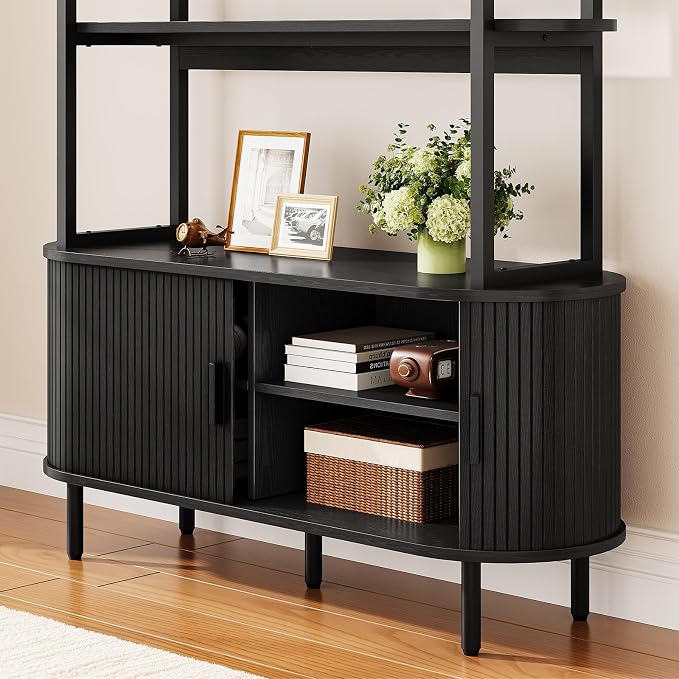 4 Tier Bookshelf with Fluted Cabinet, Tall Bookcase with Sliding Door, Metal and Wood Display Shelf, Free Standing Storage Shelving Unit, Corner Storage Organizer for Living Room, Home Office, Black
